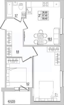 2-к квартира, строящийся дом, 59м2, 5/10 этаж