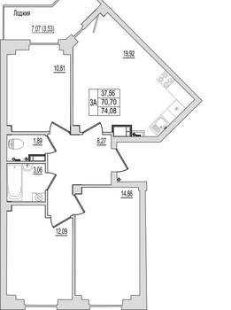 3-к квартира, вторичка, 74м2, 9/10 этаж