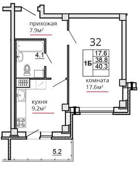 1-к квартира, сданный дом, 40м2, 7/16 этаж