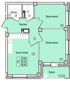 2-к квартира, строящийся дом, 56м2, 2/7 этаж