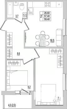 2-к квартира, строящийся дом, 59м2, 4/10 этаж