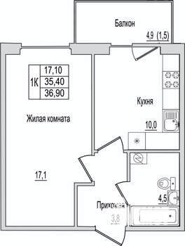 1-к квартира, вторичка, 37м2, 1/10 этаж