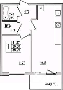 1-к квартира, вторичка, 41м2, 6/10 этаж