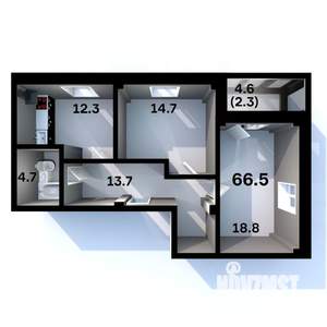 2-к квартира, строящийся дом, 67м2, 2/6 этаж