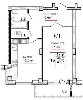 1-к квартира, сданный дом, 48м2, 15/16 этаж