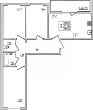 3-к квартира, вторичка, 79м2, 7/10 этаж