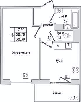 1-к квартира, вторичка, 38м2, 6/10 этаж