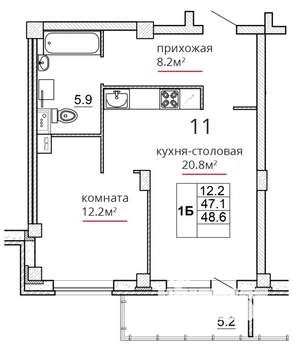 1-к квартира, вторичка, 49м2, 3/16 этаж