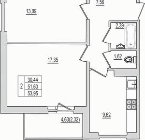 1-к квартира, вторичка, 54м2, 6/10 этаж