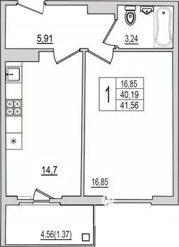 1-к квартира, вторичка, 42м2, 7/10 этаж