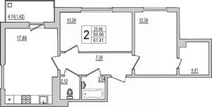 2-к квартира, вторичка, 61м2, 8/10 этаж