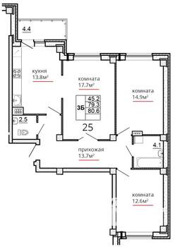 3-к квартира, сданный дом, 81м2, 6/16 этаж