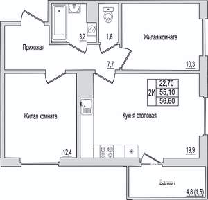 2-к квартира, вторичка, 57м2, 8/10 этаж