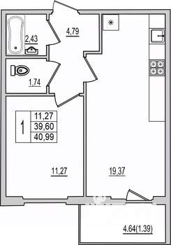 1-к квартира, вторичка, 41м2, 9/10 этаж