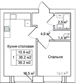1-к квартира, вторичка, 38м2, 1/9 этаж