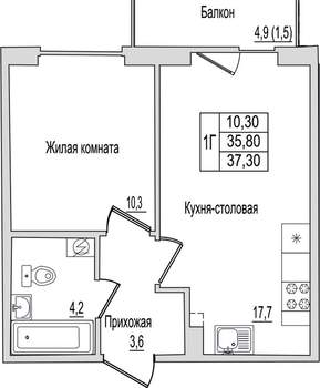 1-к квартира, вторичка, 37м2, 1/10 этаж