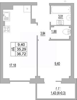 1-к квартира, строящийся дом, 37м2, 3/10 этаж