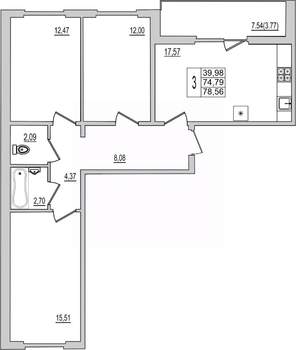 3-к квартира, вторичка, 79м2, 8/10 этаж