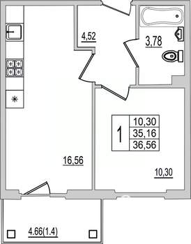 1-к квартира, вторичка, 37м2, 10/10 этаж
