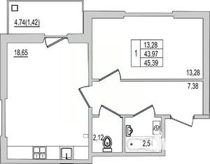 1-к квартира, вторичка, 45м2, 1/10 этаж