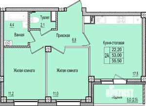 2-к квартира, строящийся дом, 56м2, 6/9 этаж