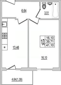 1-к квартира, вторичка, 41м2, 5/10 этаж