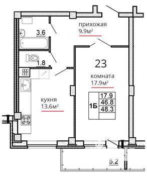 1-к квартира, сданный дом, 48м2, 5/16 этаж