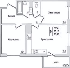 2-к квартира, вторичка, 57м2, 5/10 этаж