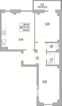 2-к квартира, строящийся дом, 56м2, 2/10 этаж