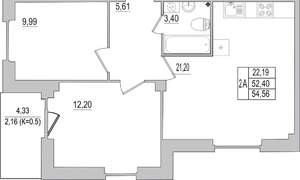 2-к квартира, вторичка, 55м2, 1/10 этаж