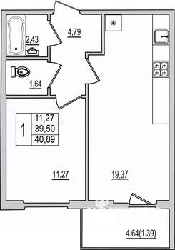 1-к квартира, вторичка, 41м2, 9/10 этаж