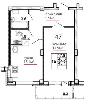 1-к квартира, вторичка, 48м2, 9/16 этаж