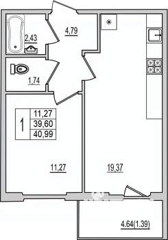 1-к квартира, вторичка, 41м2, 6/10 этаж