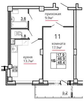 1-к квартира, сданный дом, 48м2, 3/16 этаж
