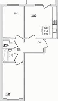 2-к квартира, вторичка, 59м2, 2/10 этаж