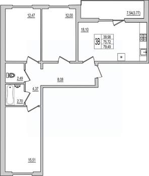 3-к квартира, вторичка, 79м2, 1/10 этаж
