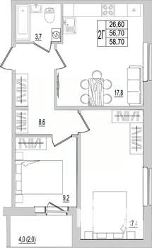 2-к квартира, строящийся дом, 59м2, 4/10 этаж