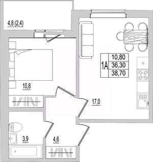 1-к квартира, строящийся дом, 39м2, 6/10 этаж