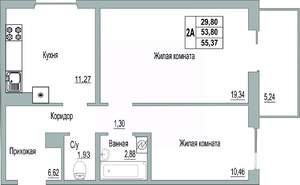 2-к квартира, строящийся дом, 55м2, 9/9 этаж