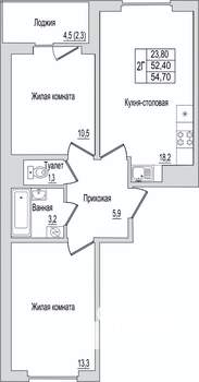 2-к квартира, вторичка, 55м2, 7/10 этаж