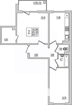 2-к квартира, вторичка, 64м2, 7/10 этаж