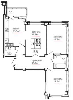 3-к квартира, вторичка, 80м2, 11/16 этаж