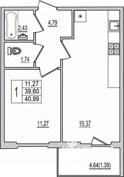 1-к квартира, вторичка, 41м2, 8/10 этаж