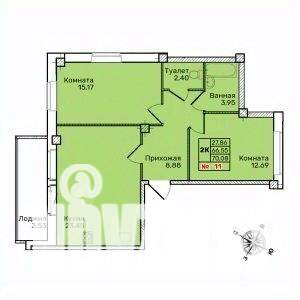 2-к квартира, строящийся дом, 70м2, 4/10 этаж