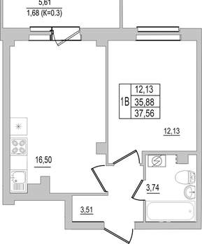 1-к квартира, вторичка, 38м2, 9/10 этаж