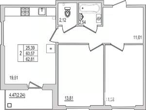 2-к квартира, вторичка, 63м2, 1/10 этаж