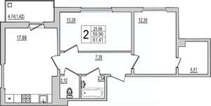 2-к квартира, вторичка, 61м2, 5/10 этаж