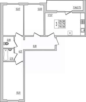 3-к квартира, вторичка, 79м2, 9/10 этаж