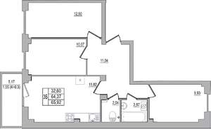 3-к квартира, строящийся дом, 66м2, 2/10 этаж