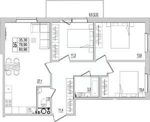 3-к квартира, строящийся дом, 81м2, 6/10 этаж